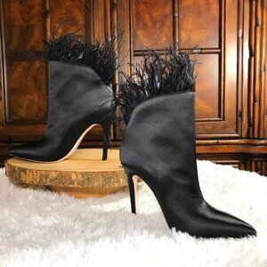 Jessica Simpson Prixey Feather Black Matte Satin Heeled Bootie
